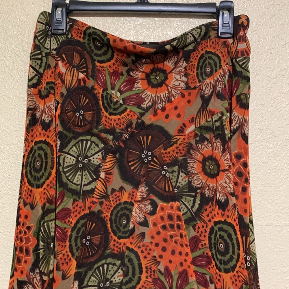 Tribal Skirt S Brown Red Orange Green Floral Mesh Like Shell Pull On Stretchy - Picture 2 of 16